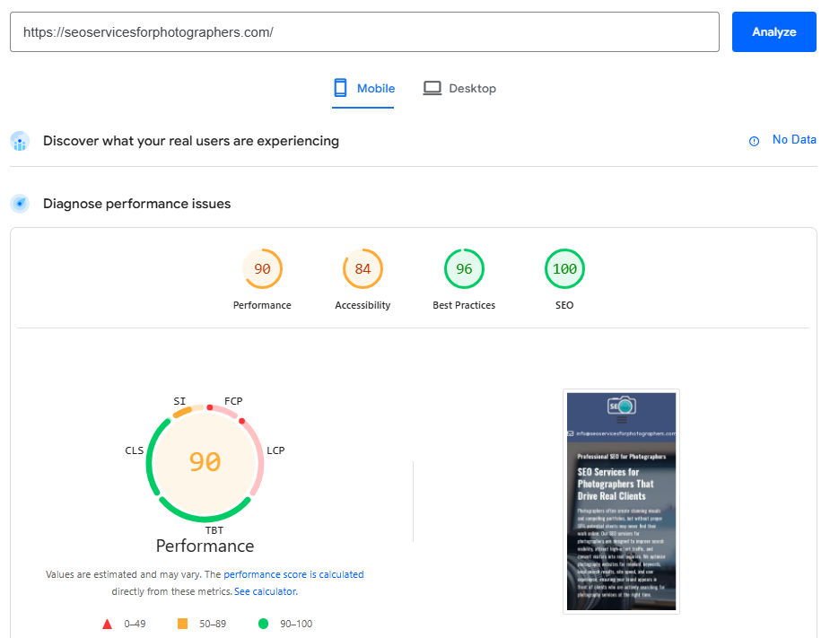 photography website mobile optimization